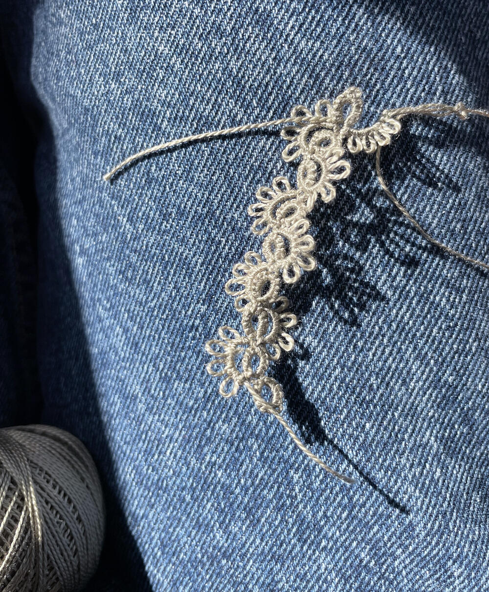 Tatting lace DMC cotton perle #642. Work in progress.
