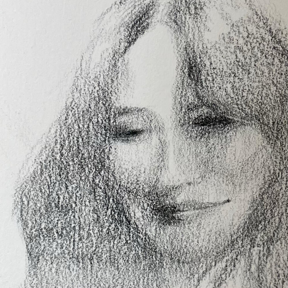 Portrait, black colored pencil.